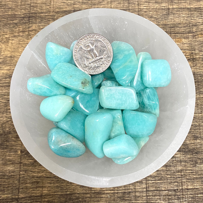 Overhead comparison shot of a US quarter coin and various Amazonite tumbled stones in a small bowl.