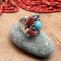 Turquoise & Red Coral Ring Size 11.5