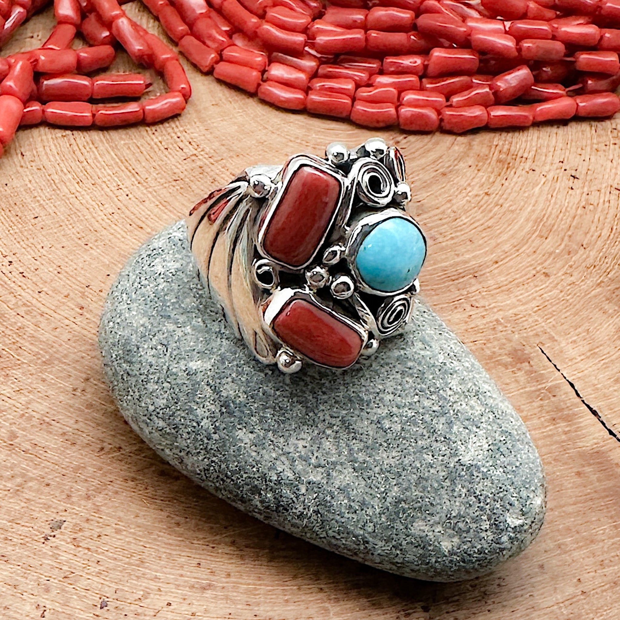 Turquoise & Red Coral Ring Size 11.5