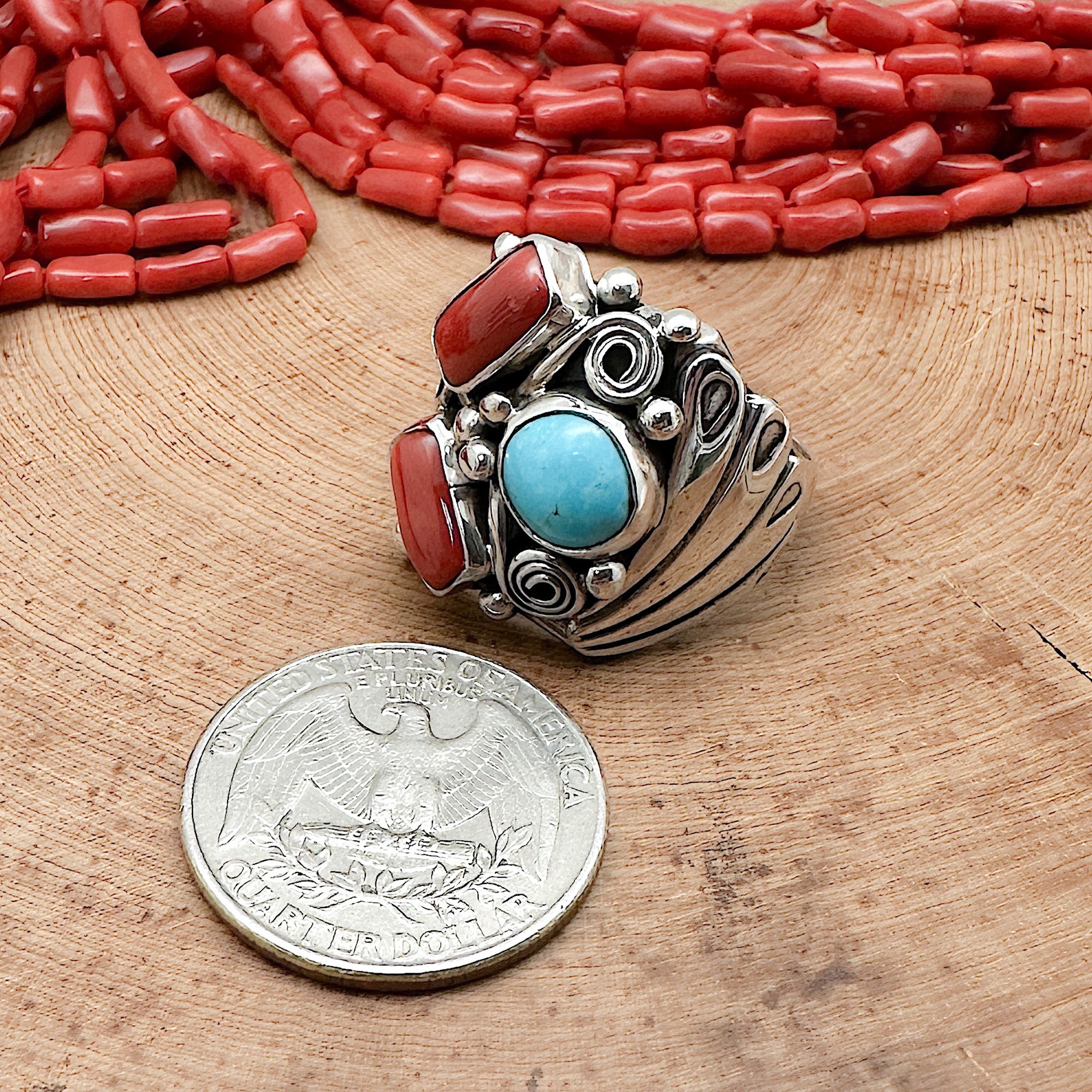 Turquoise & Red Coral Ring Size 11.5
