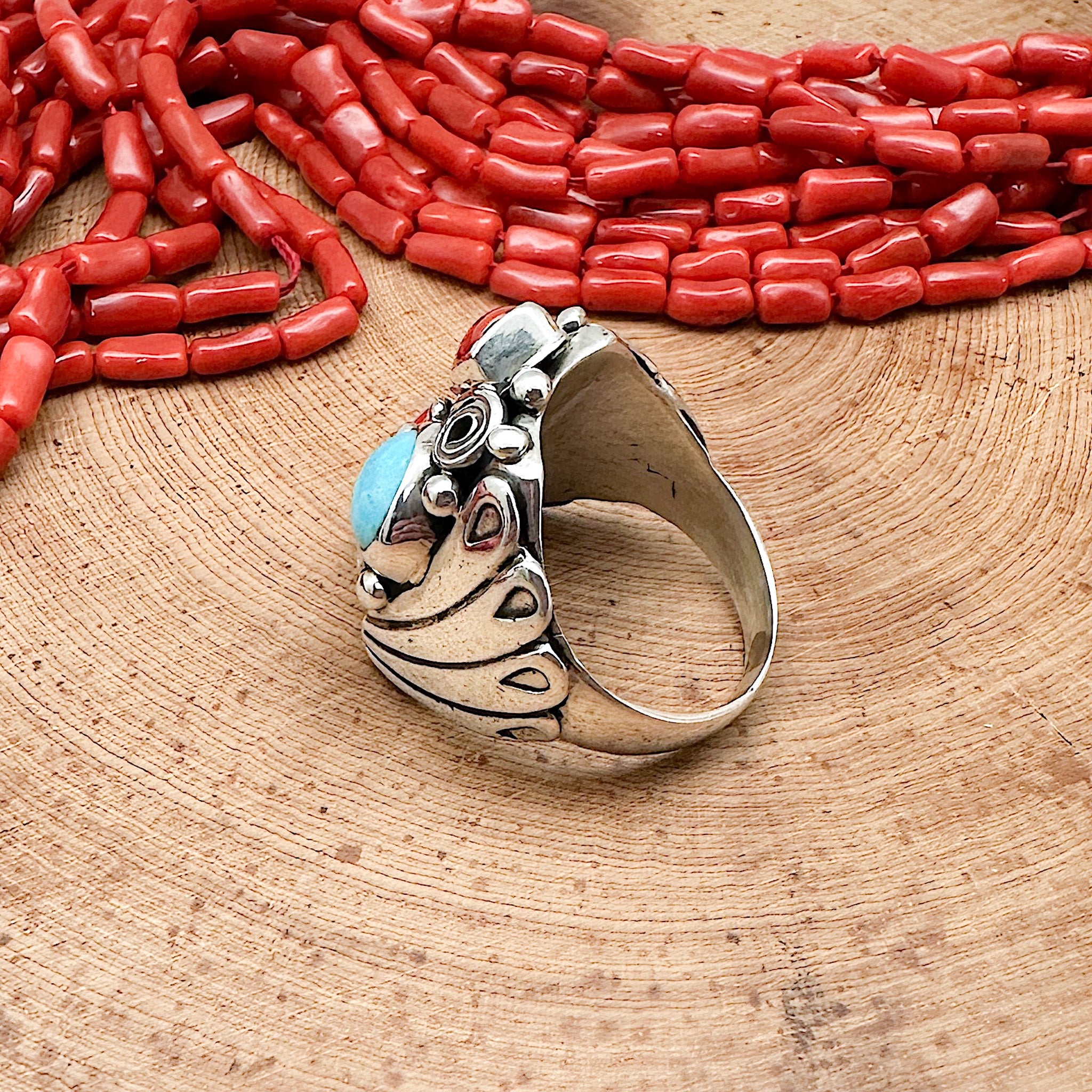 Turquoise & Red Coral Ring Size 11.5