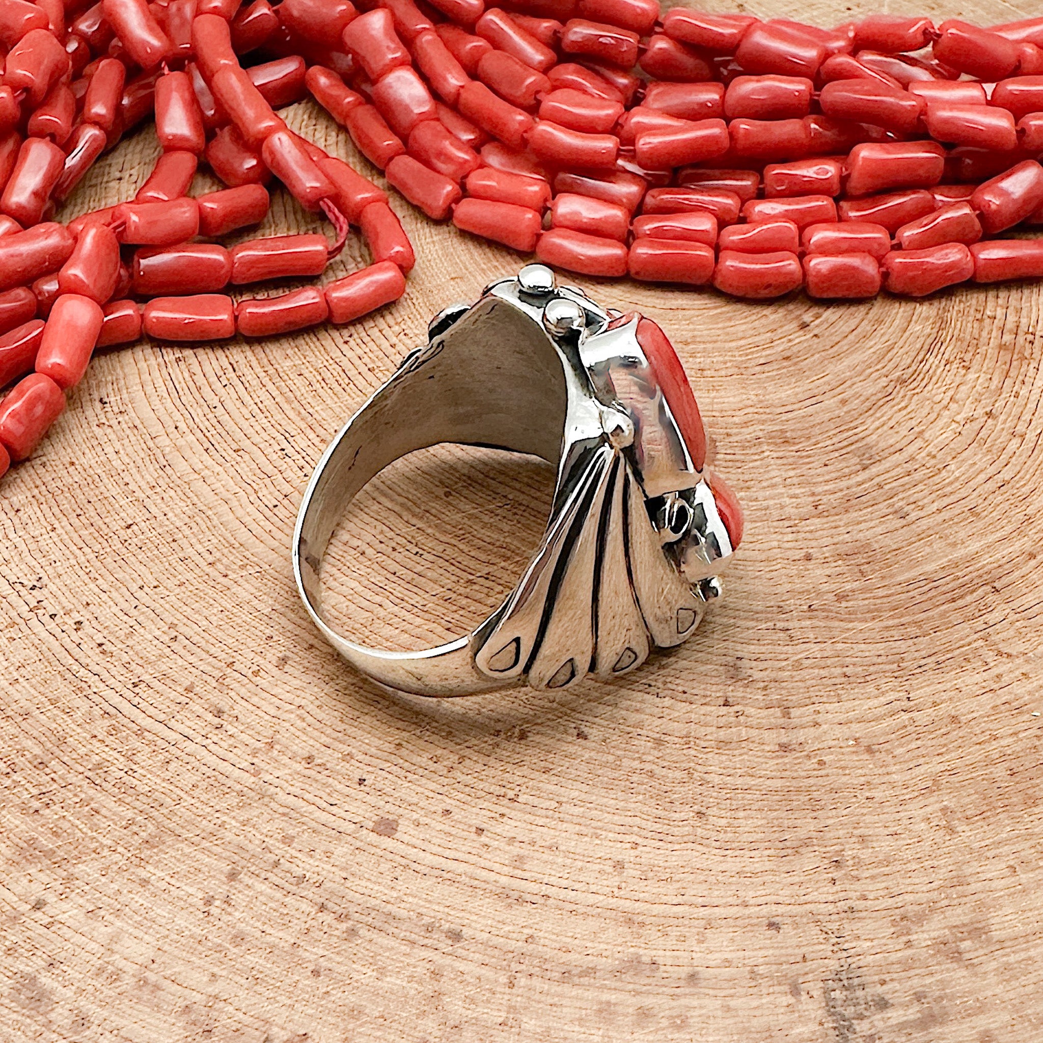 Turquoise & Red Coral Ring Size 11.5