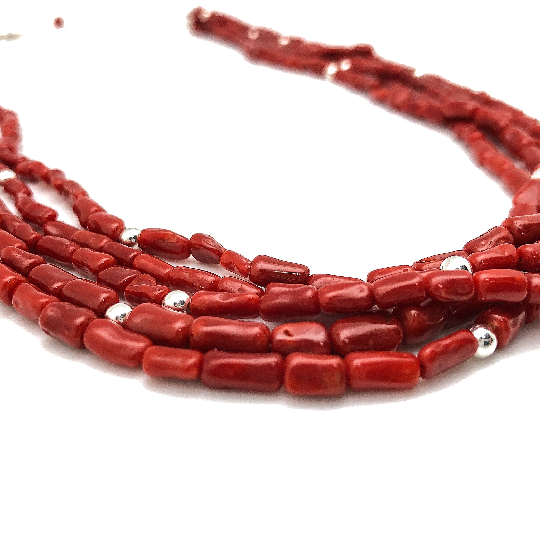 Natural 5 Strand Red Coral Necklace With Silver Pearls