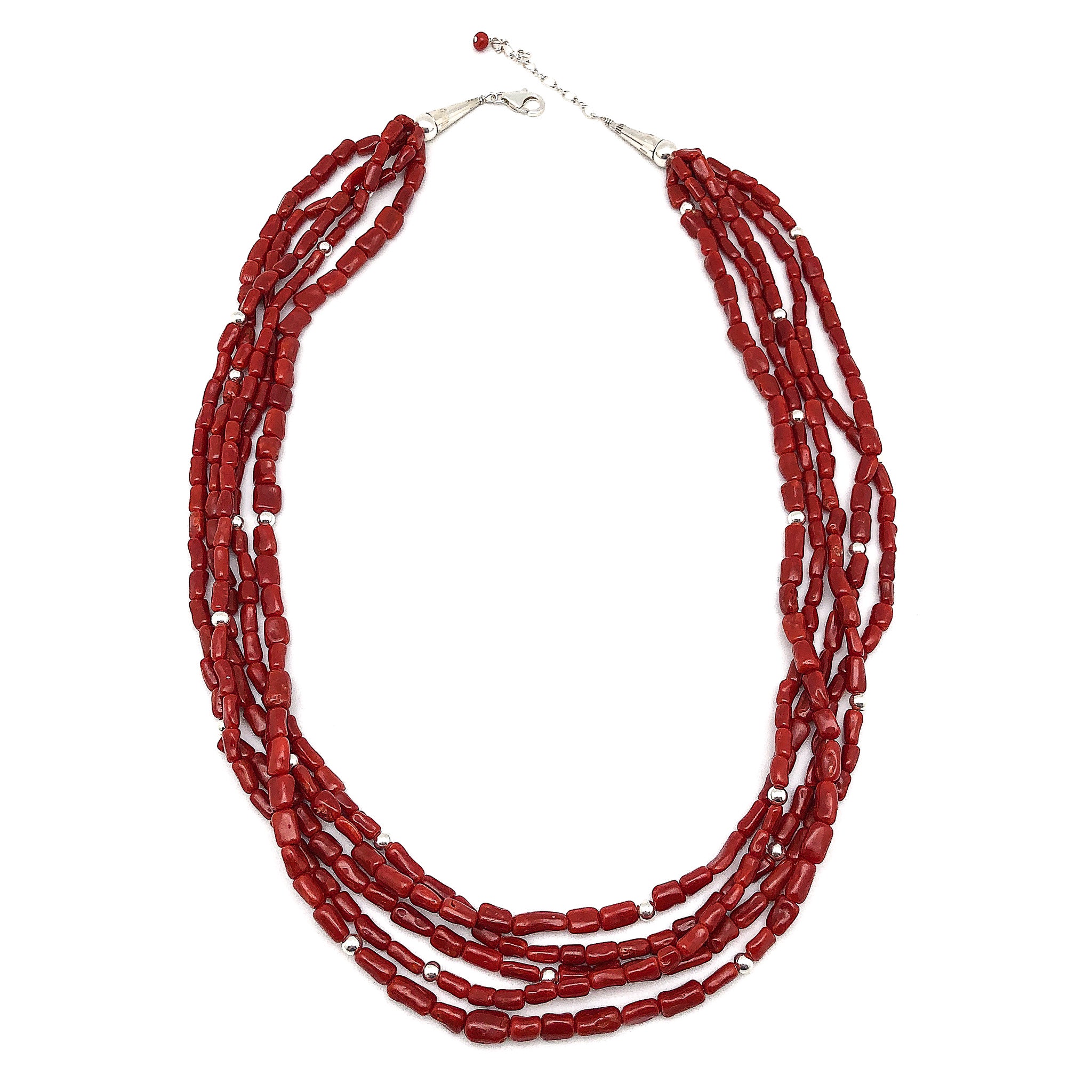 Natural 5 Strand Red Coral Necklace With Silver Pearls