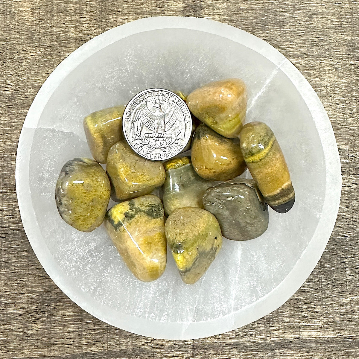 Comparison shot of a US quarter coin and various bumblebee jasper tumbled stones in a bowl