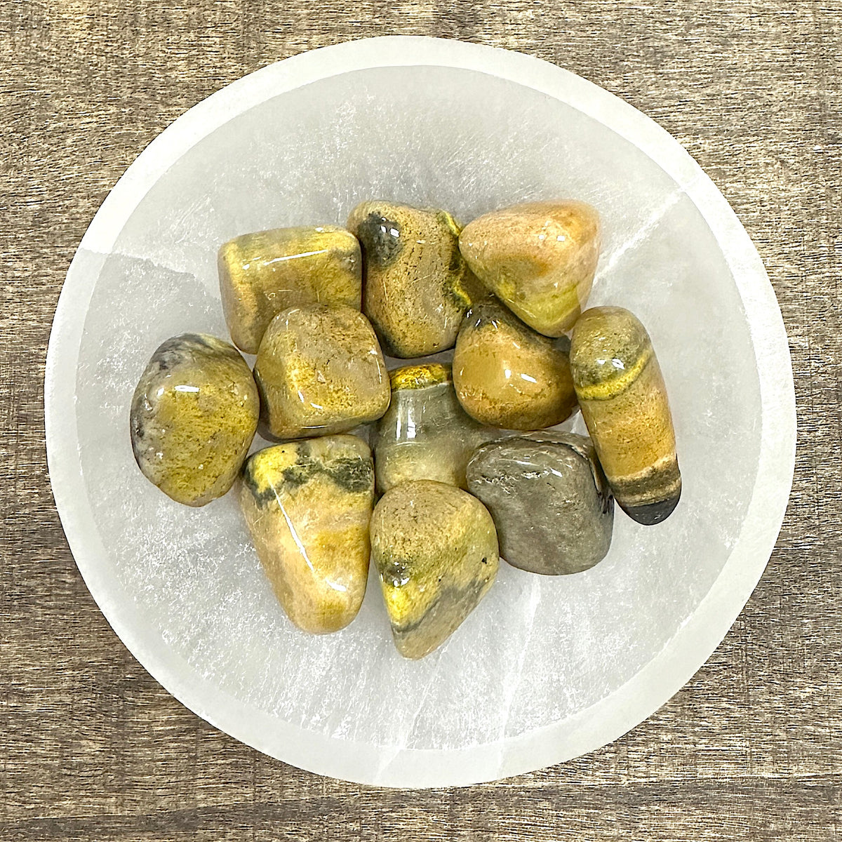 Shot of various bumblebee jasper tumbled stones in a bowl