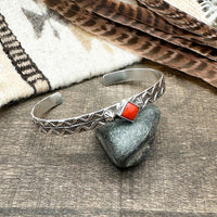 Red Coral Cuff Bracelet With Stamp Work