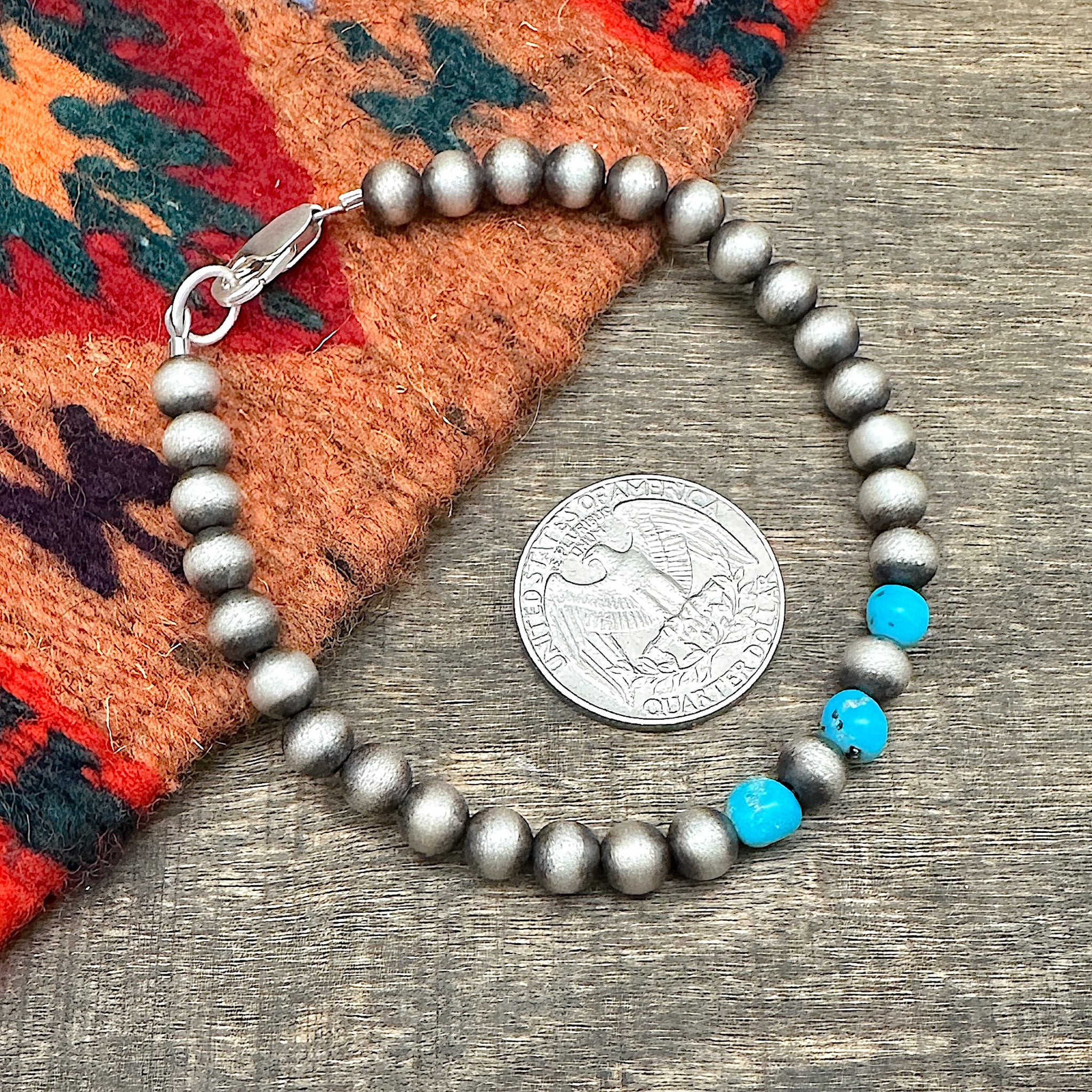 6mm Navajo Silver Pearl & Kingman Turquoise Bracelet
