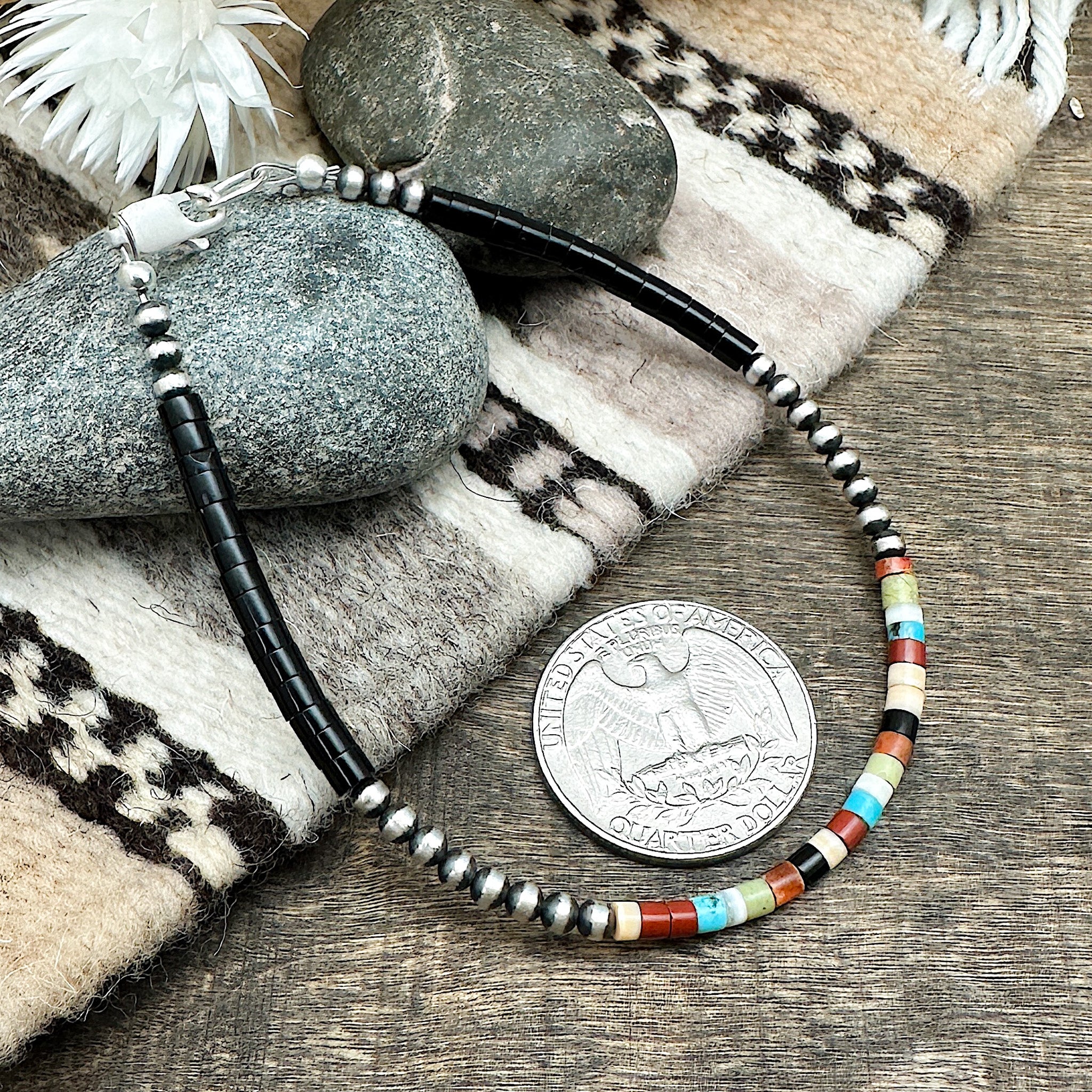 3mm Santo Domingo Heishi & Silver Pearl Bracelet