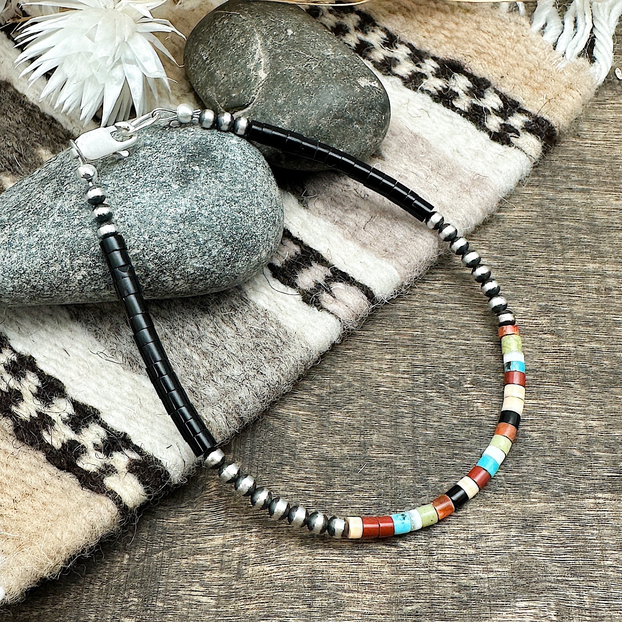 3mm Santo Domingo Heishi & Silver Pearl Bracelet