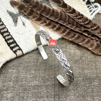 Red Coral Cuff Bracelet With Stamp Work