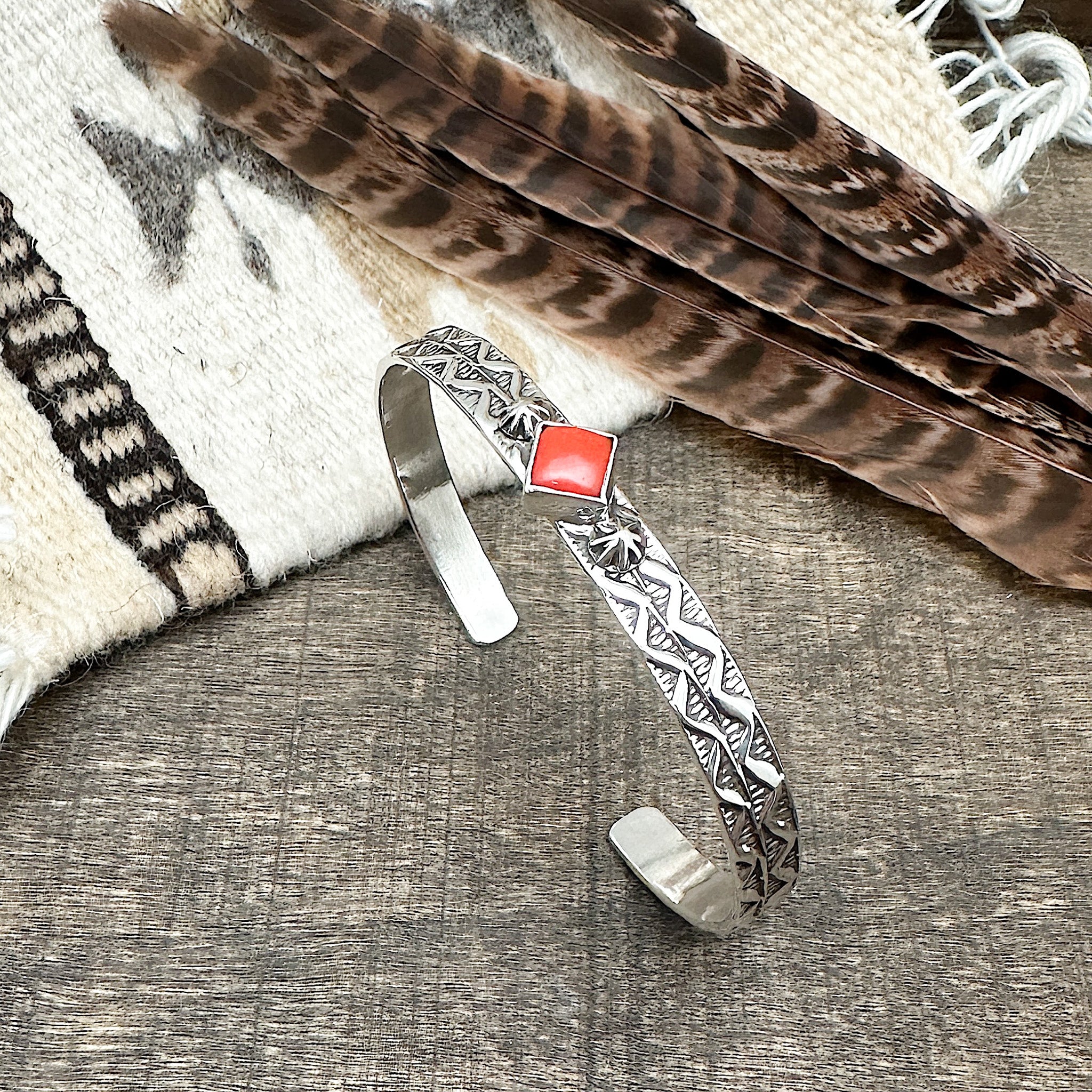 Red Coral Cuff Bracelet With Stamp Work