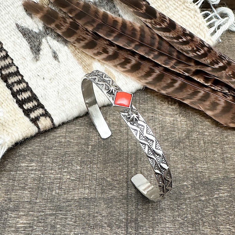 Red Coral Cuff Bracelet With Stamp Work
