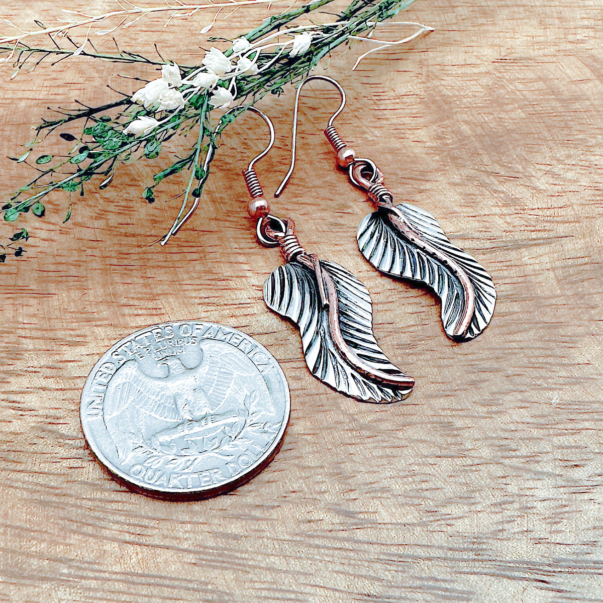 Silver & Copper Feather Earrings