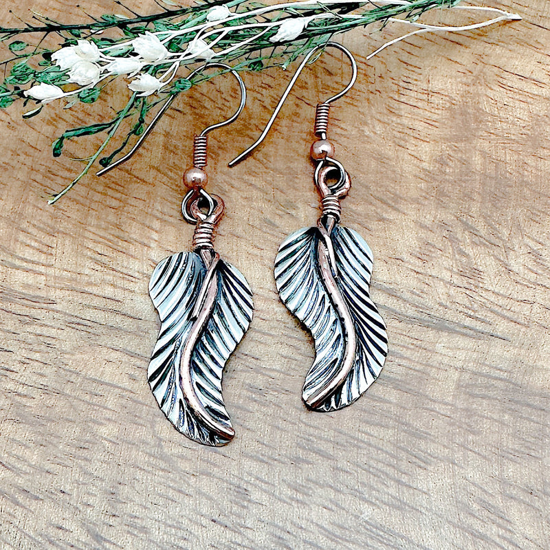Silver & Copper Feather Earrings