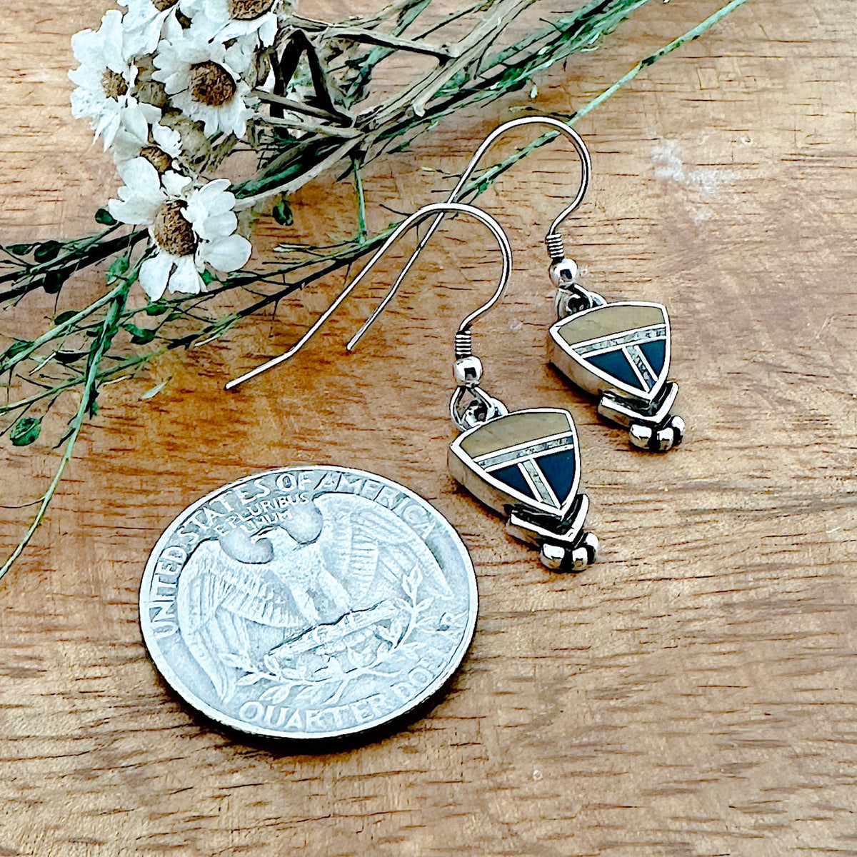 Size Comparison with US coin.Navajo inlay earrings inlaid with Black Jade, Tiger's Eye and Black Jade. David Rosales Collection/ Super Smith