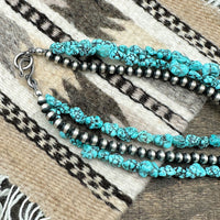 3 Strand Kingman Turquoise & Silver Pearl Necklace