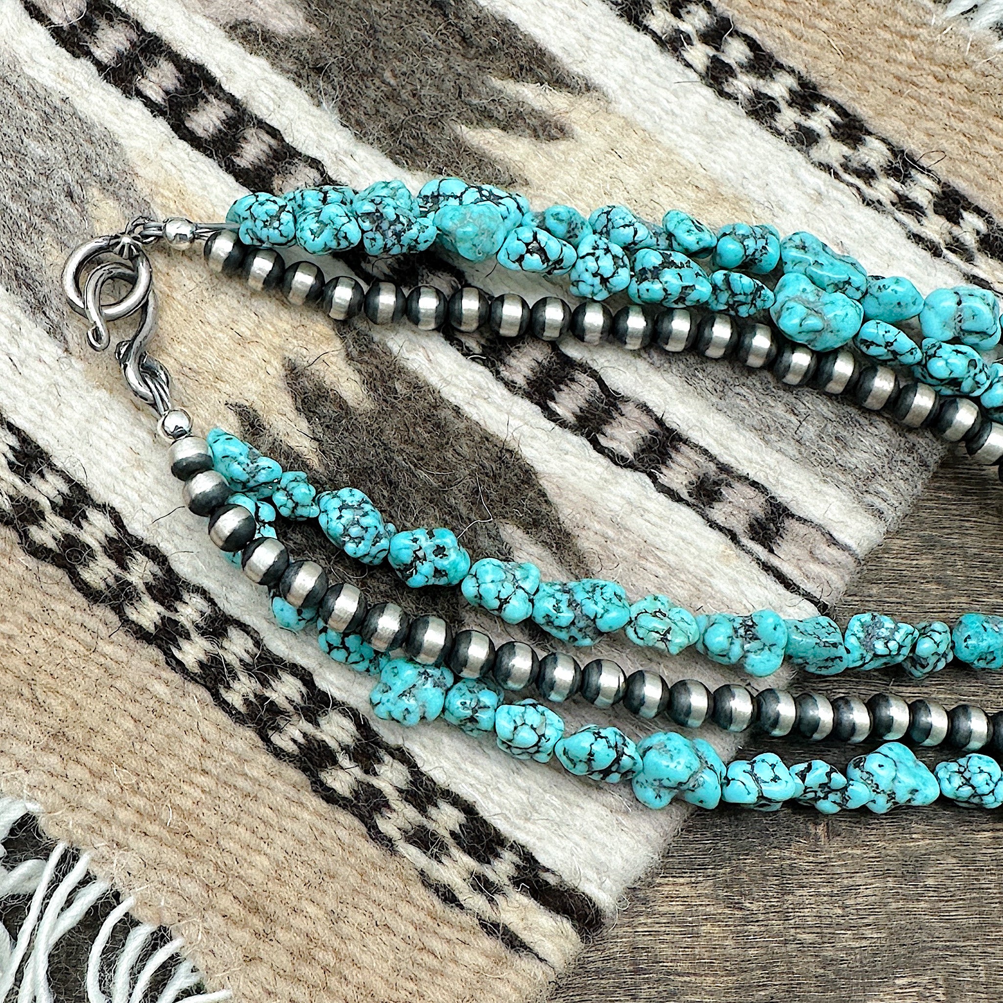 3 Strand Kingman Turquoise & Silver Pearl Necklace