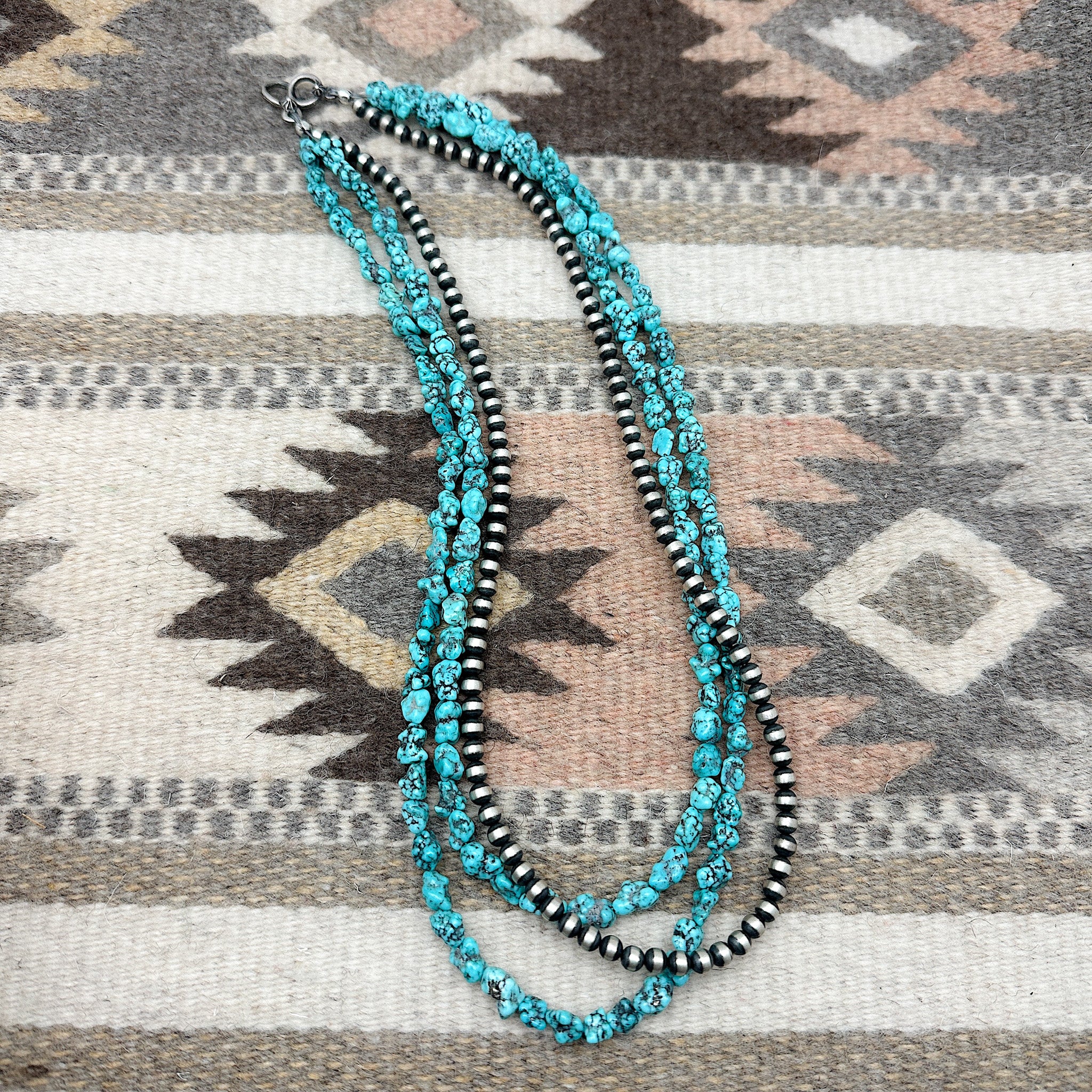 3 Strand Kingman Turquoise & Silver Pearl Necklace