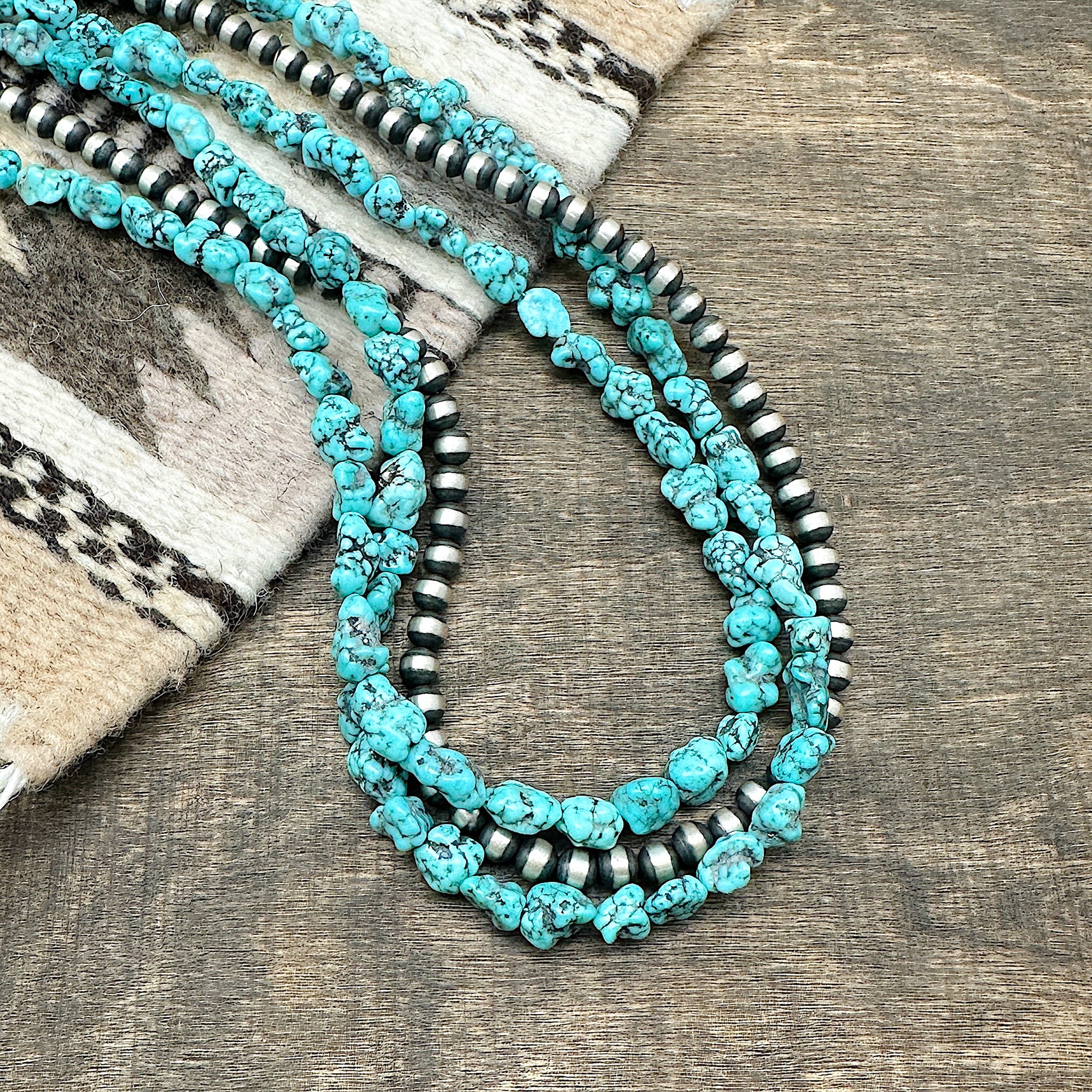 3 Strand Kingman Turquoise & Silver Pearl Necklace