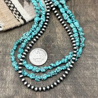 3 Strand Kingman Turquoise & Silver Pearl Necklace