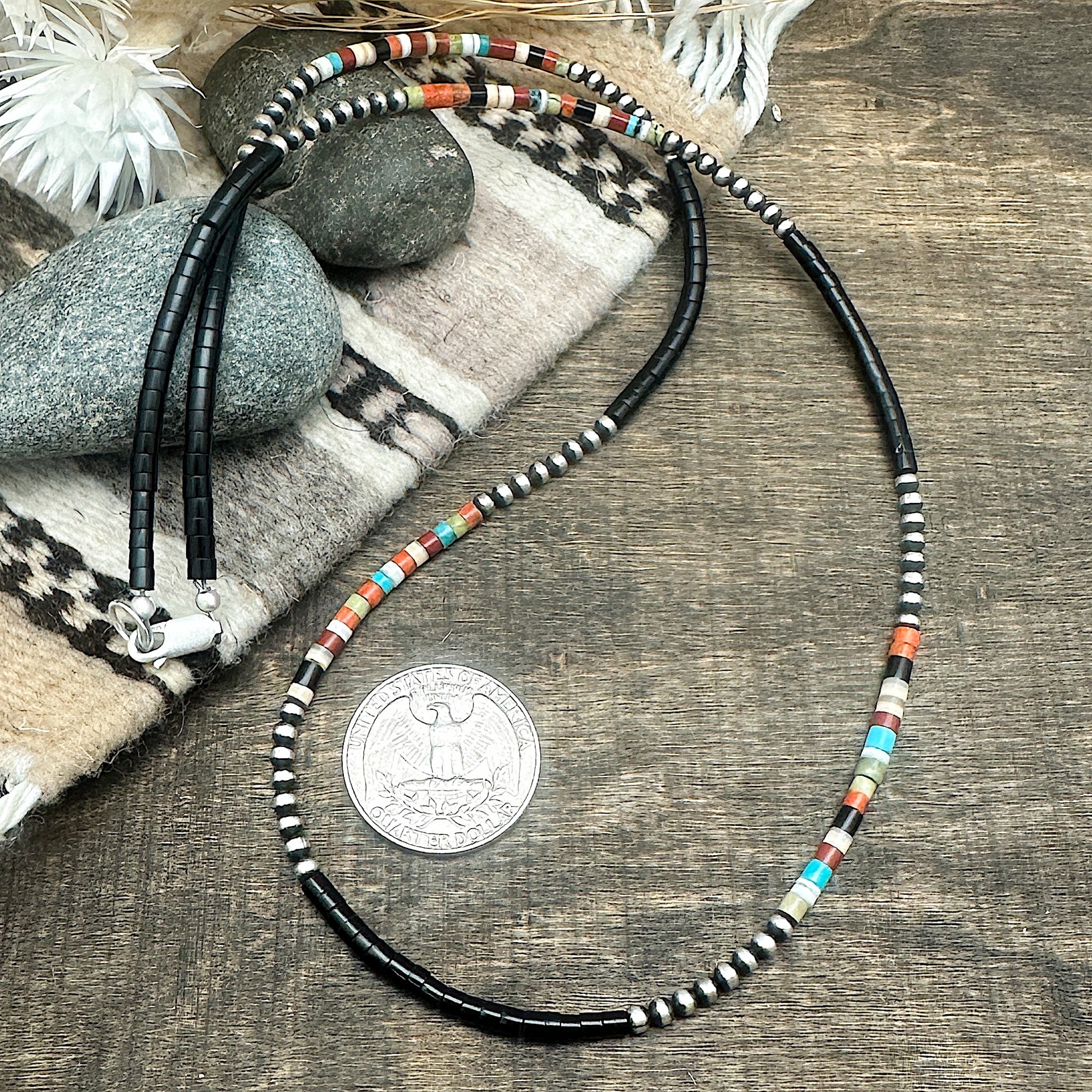 3mm Santo Domingo Heishi & Silver Pearls Necklace