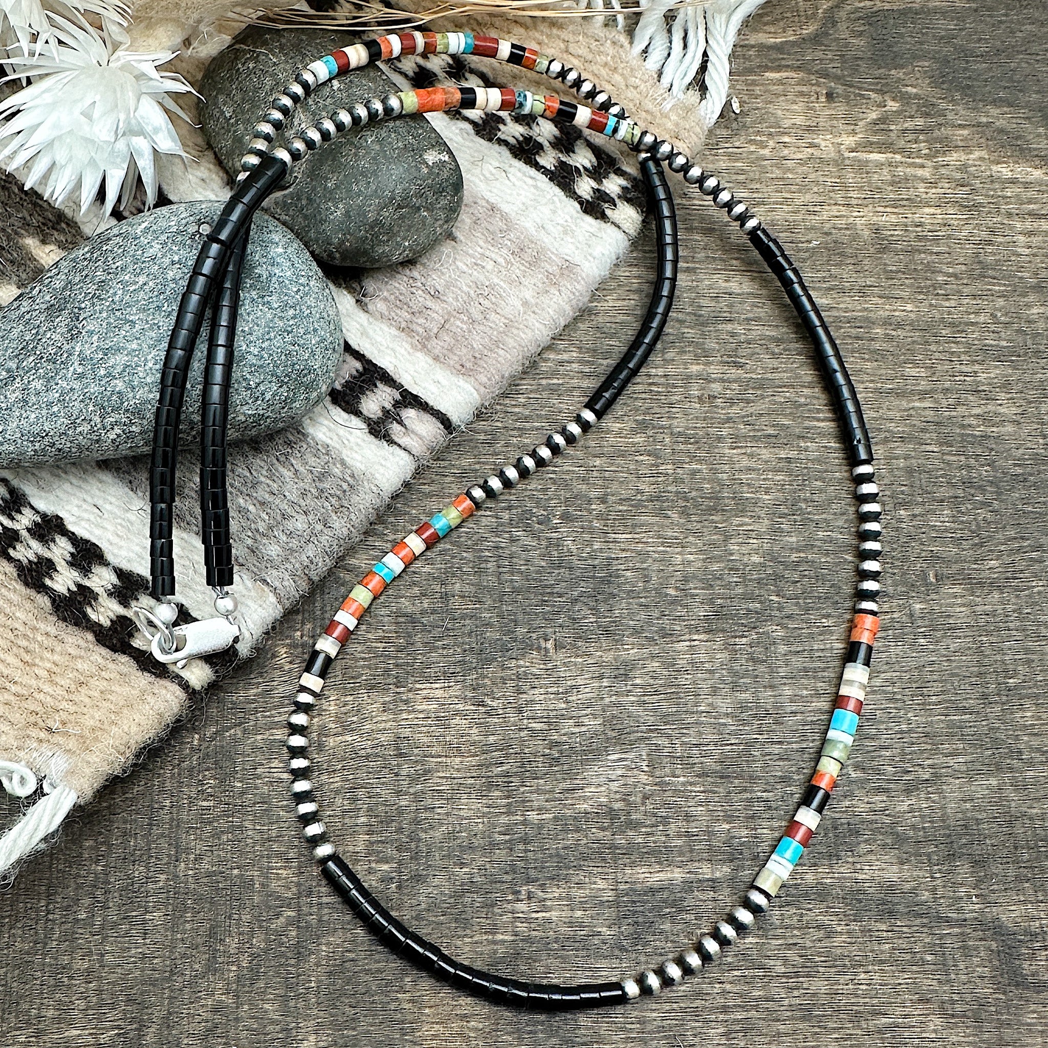 3mm Santo Domingo Heishi & Silver Pearls Necklace