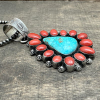 Red Coral & Lone Mountain Turquoise Pendant