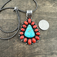 Red Coral & Lone Mountain Turquoise Pendant