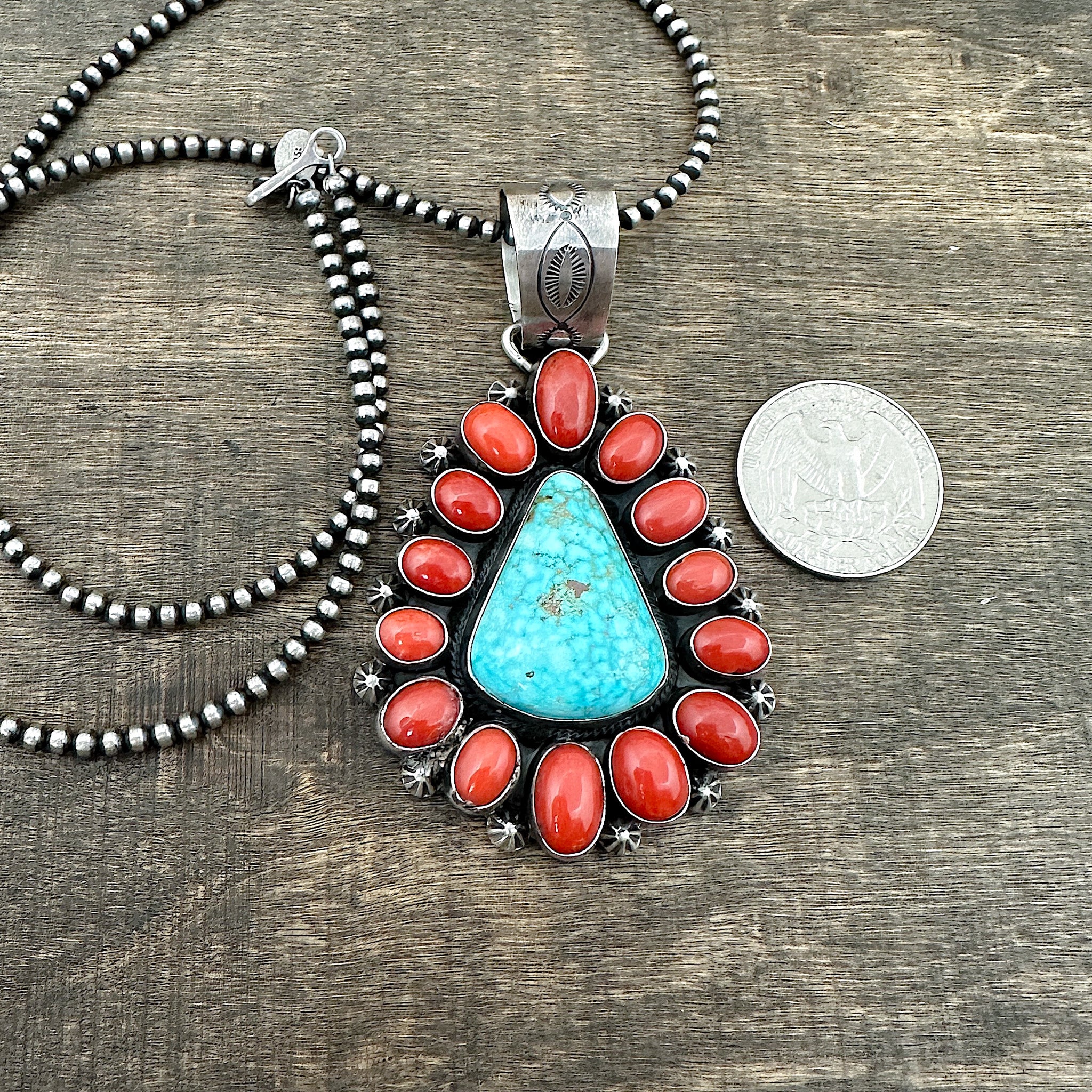 Red Coral & Lone Mountain Turquoise Pendant