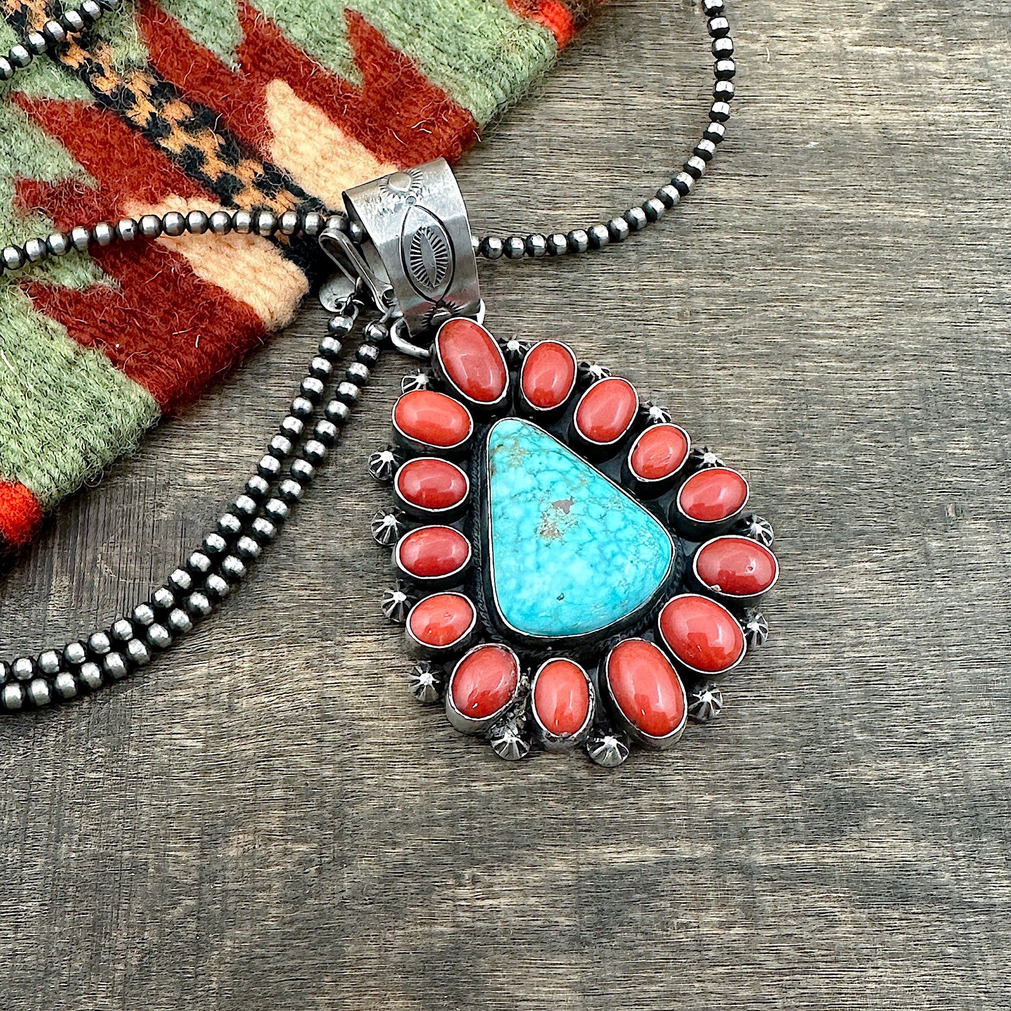 Red Coral & Lone Mountain Turquoise Pendant