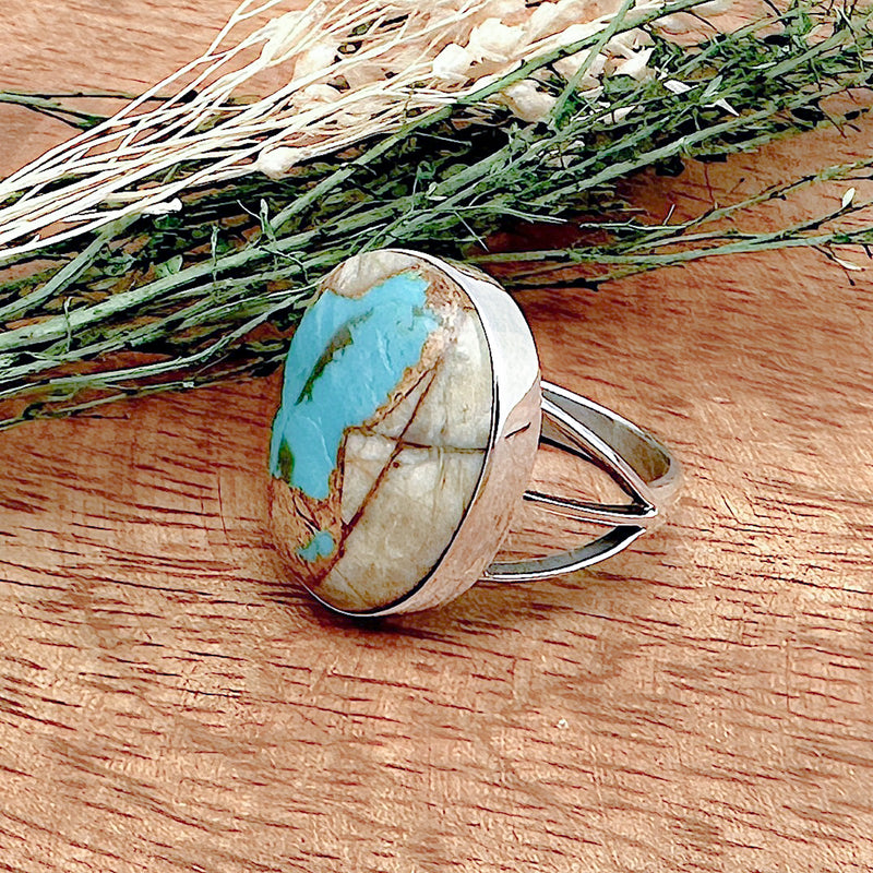 Shot of a boulder turquoise ring viewed from the side