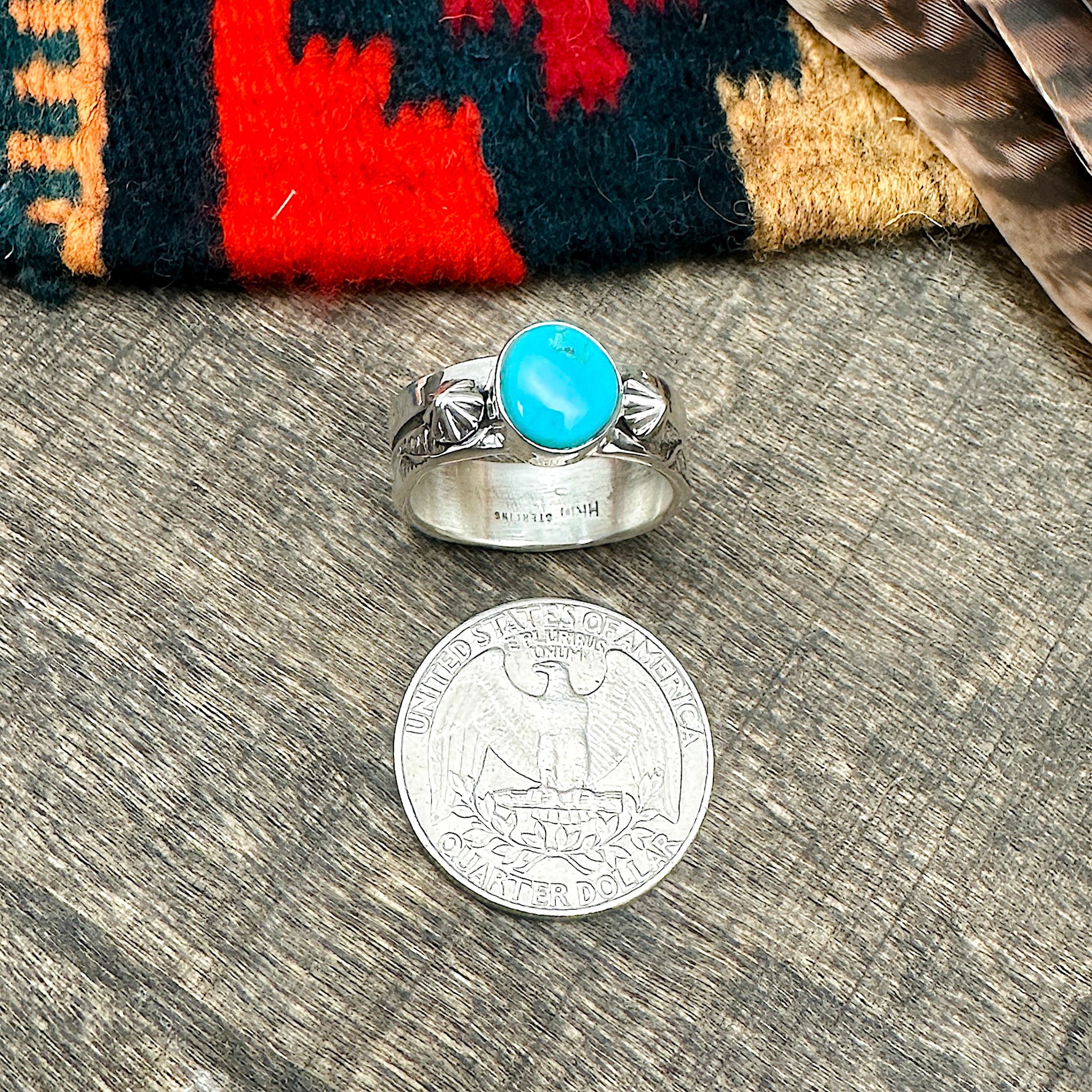 Kingman Turquoise Stamp Work Ring Size 9