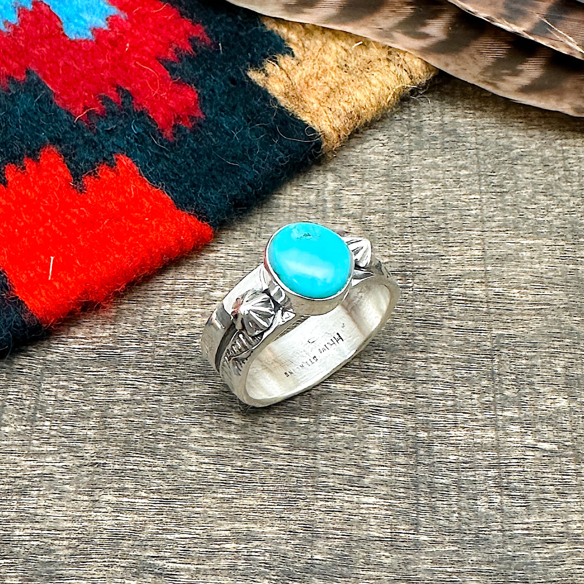 Kingman Turquoise Stamp Work Ring Size 9