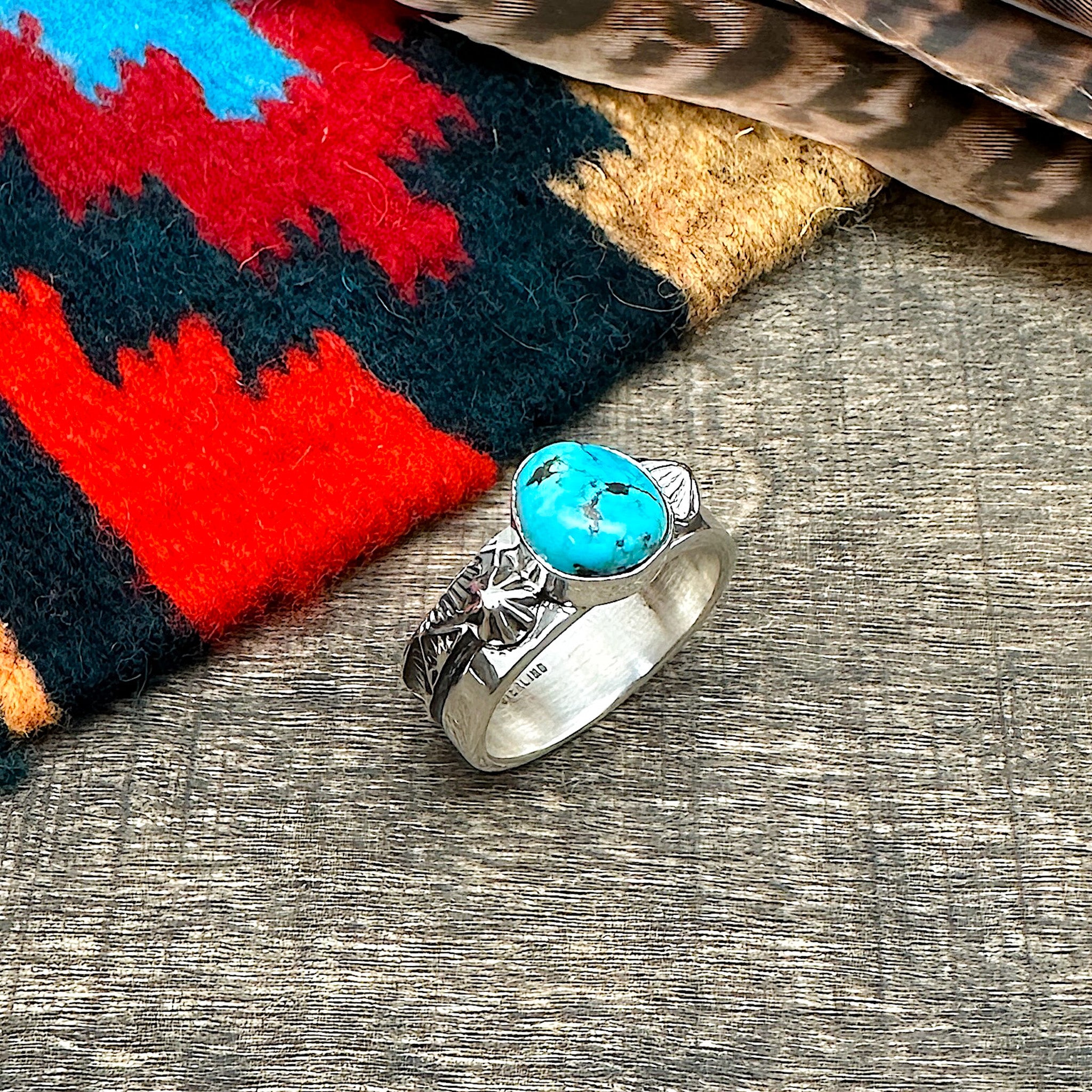 Kingman Turquoise Stamped Ring Size 8