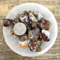Overhead comparison shot of a US quarter coin and various Fire Agate tumbled stones in a small bowl.