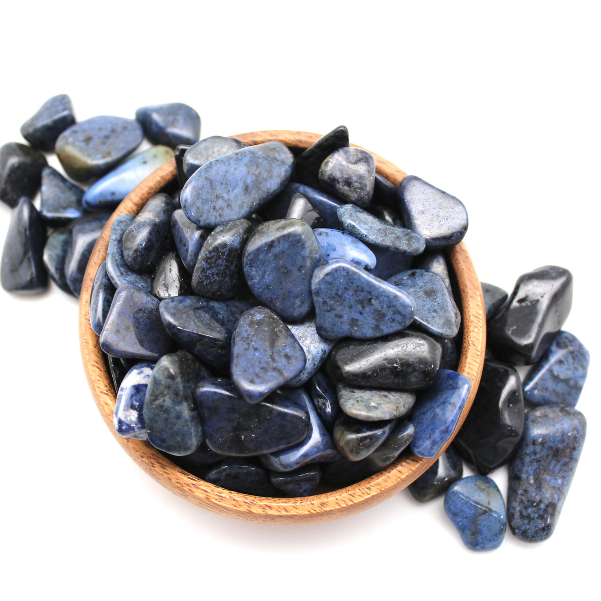 Multiple Dumortierite tumbled stones in a small bowl