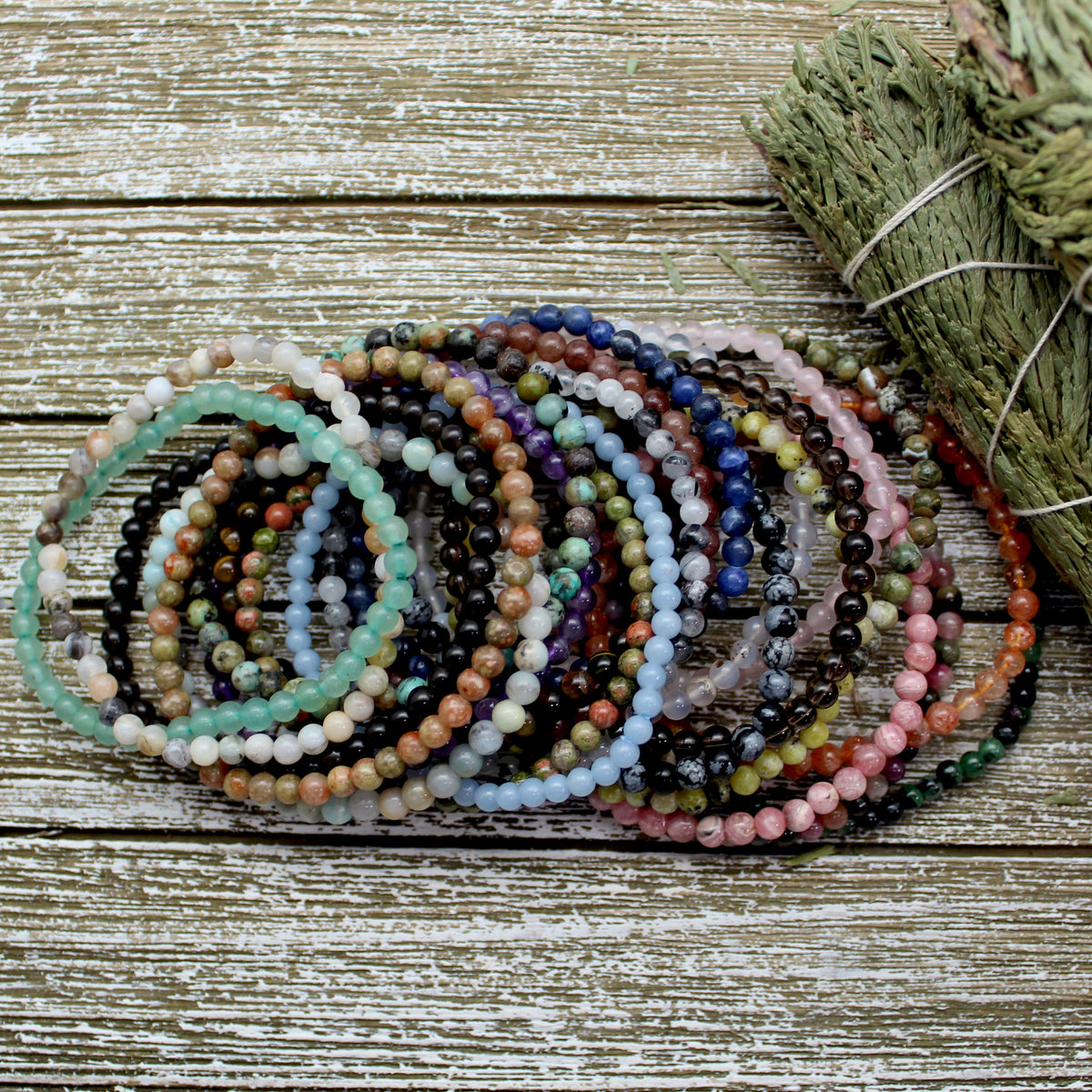 Shot of crystal beaded bracelets laid on top of each other