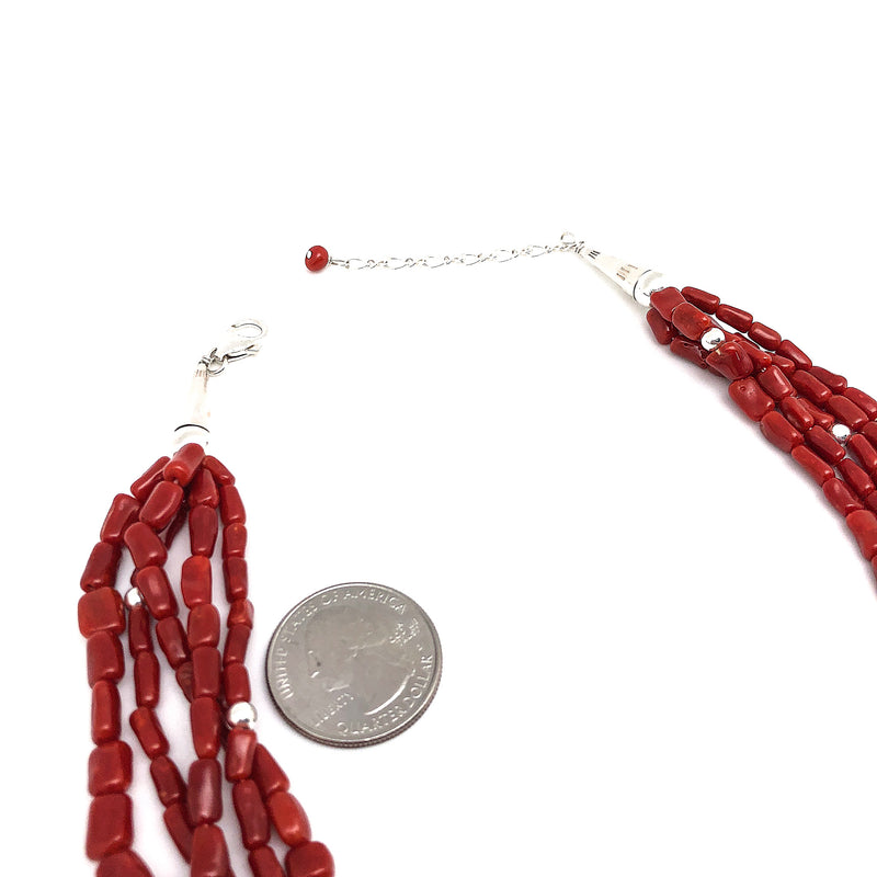 Natural 5 Strand Red Coral Necklace With Silver Pearls