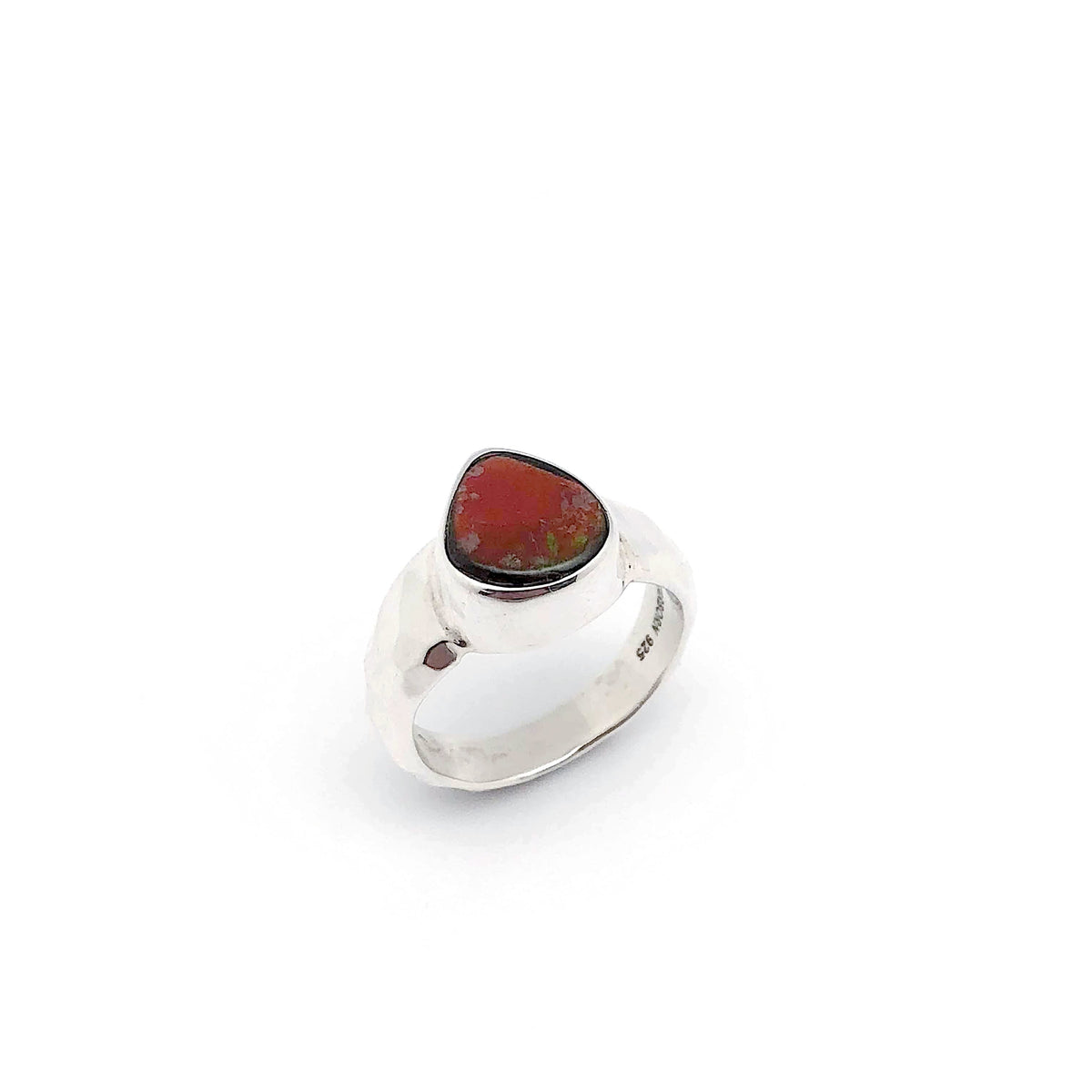 Sterling silver ring with a fire red Ammolite gemstone. 